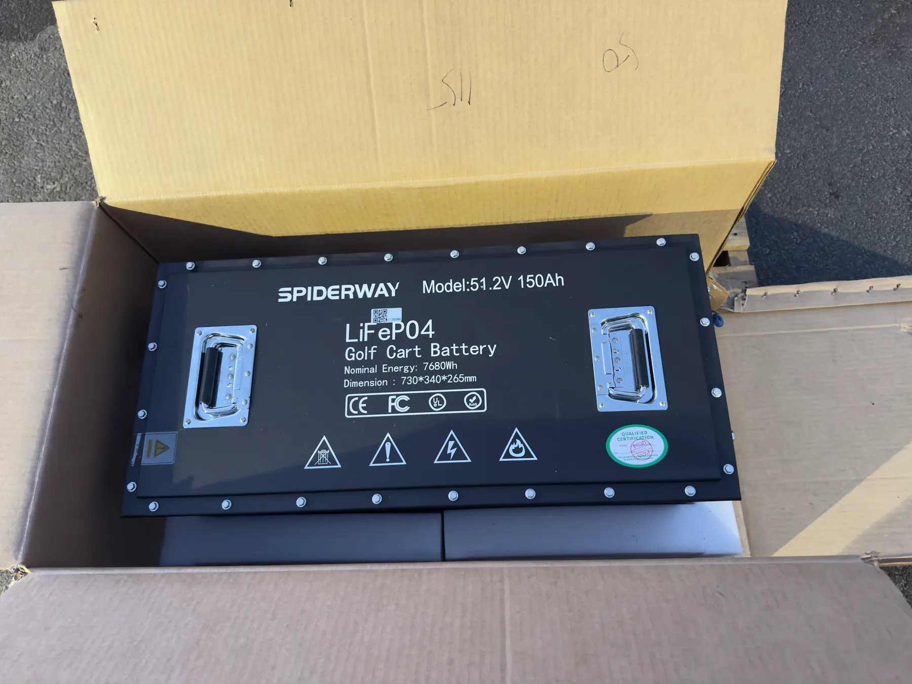 SPIDERWAY LFP 배터리 라벨 - 51.2V 150Ah, CE FCC UL RoHS 인증 표기